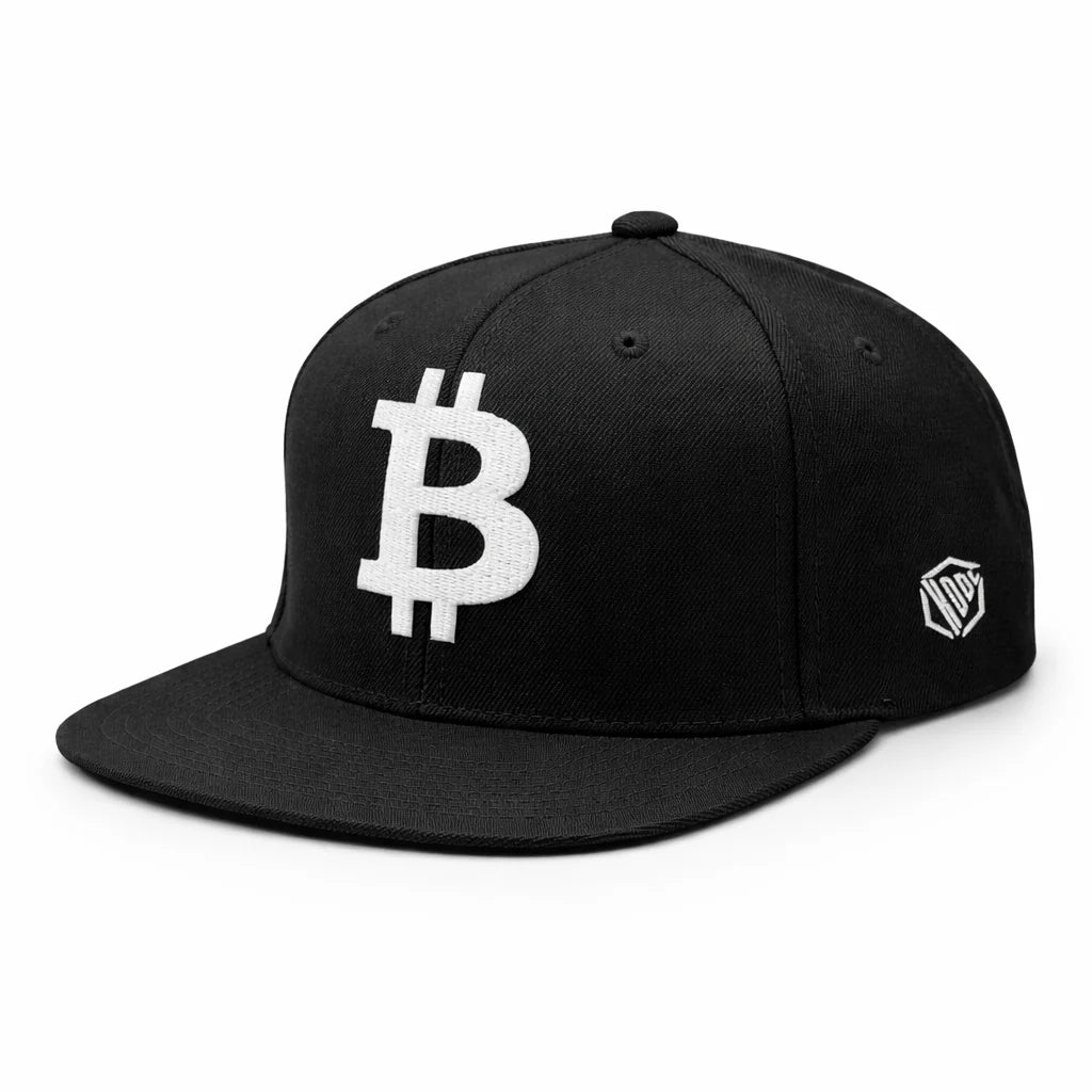 Bitcoin Cap Snapback in Black with 3D White embroidery – angled view