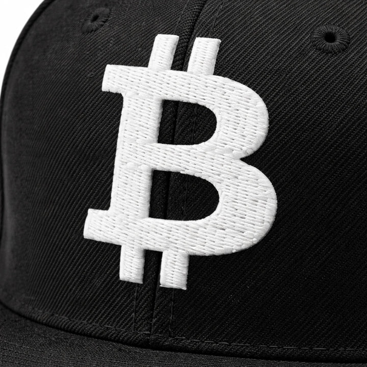 Bitcoin Cap detail showing 3D embroidered Bitcoin logo