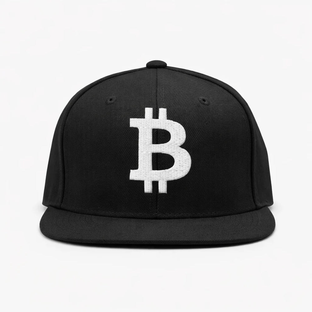 Bitcoin Cap Snapback in Black with 3D White embroidery – front view
