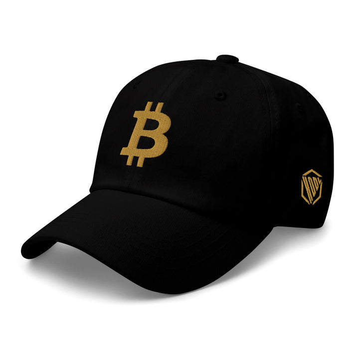 Bitcoin Cap Dad Hat in Black with 3D Gold embroidery – angled view