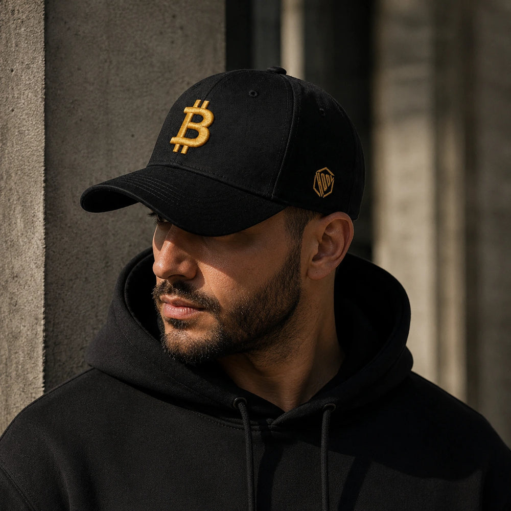 Urban lifestyle portrait of a model wearing a black HODL® Dad Hat with gold Bitcoin 3D puff embroidery 