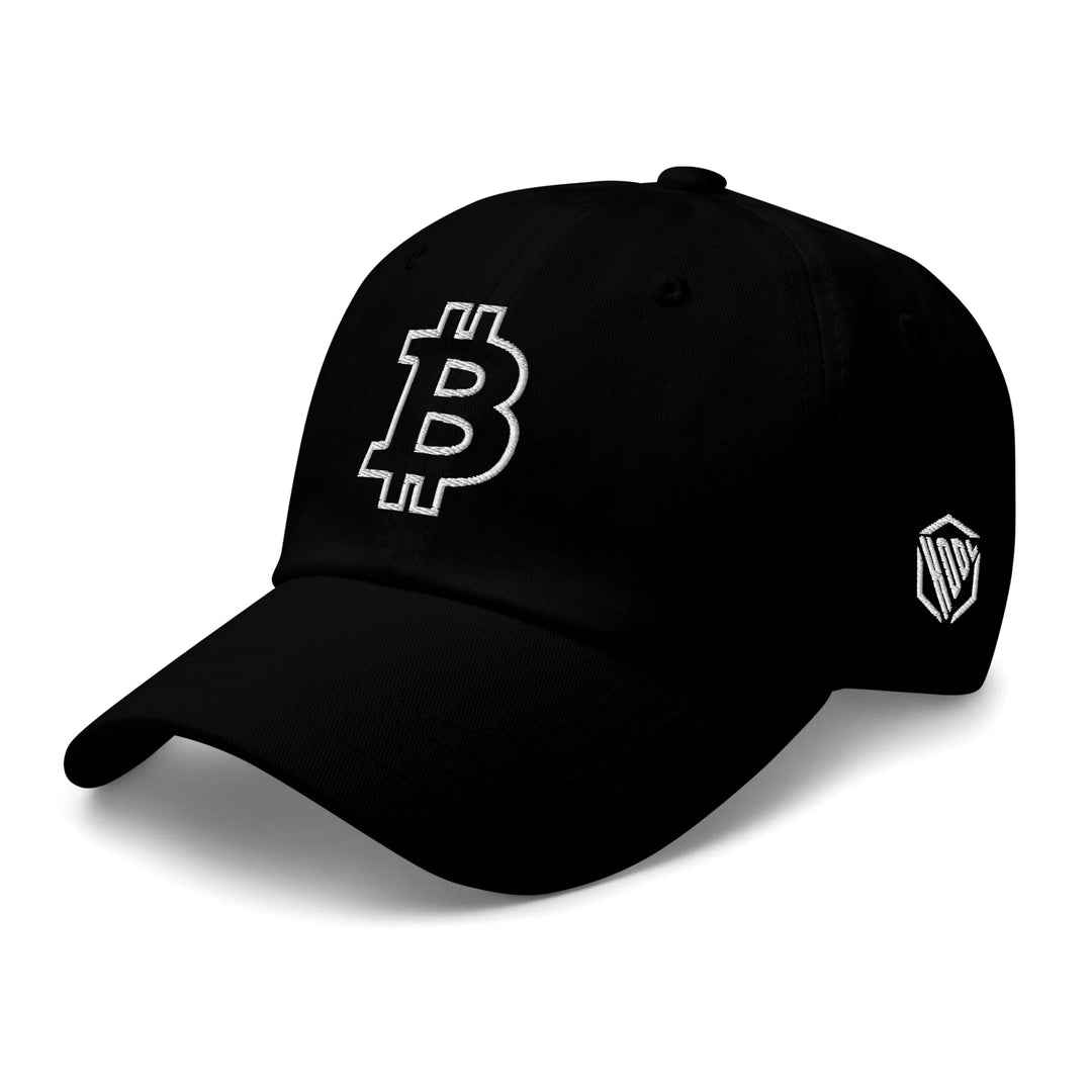 Bitcoin Cap Dad Hat in Black with White outline embroidery – angled view