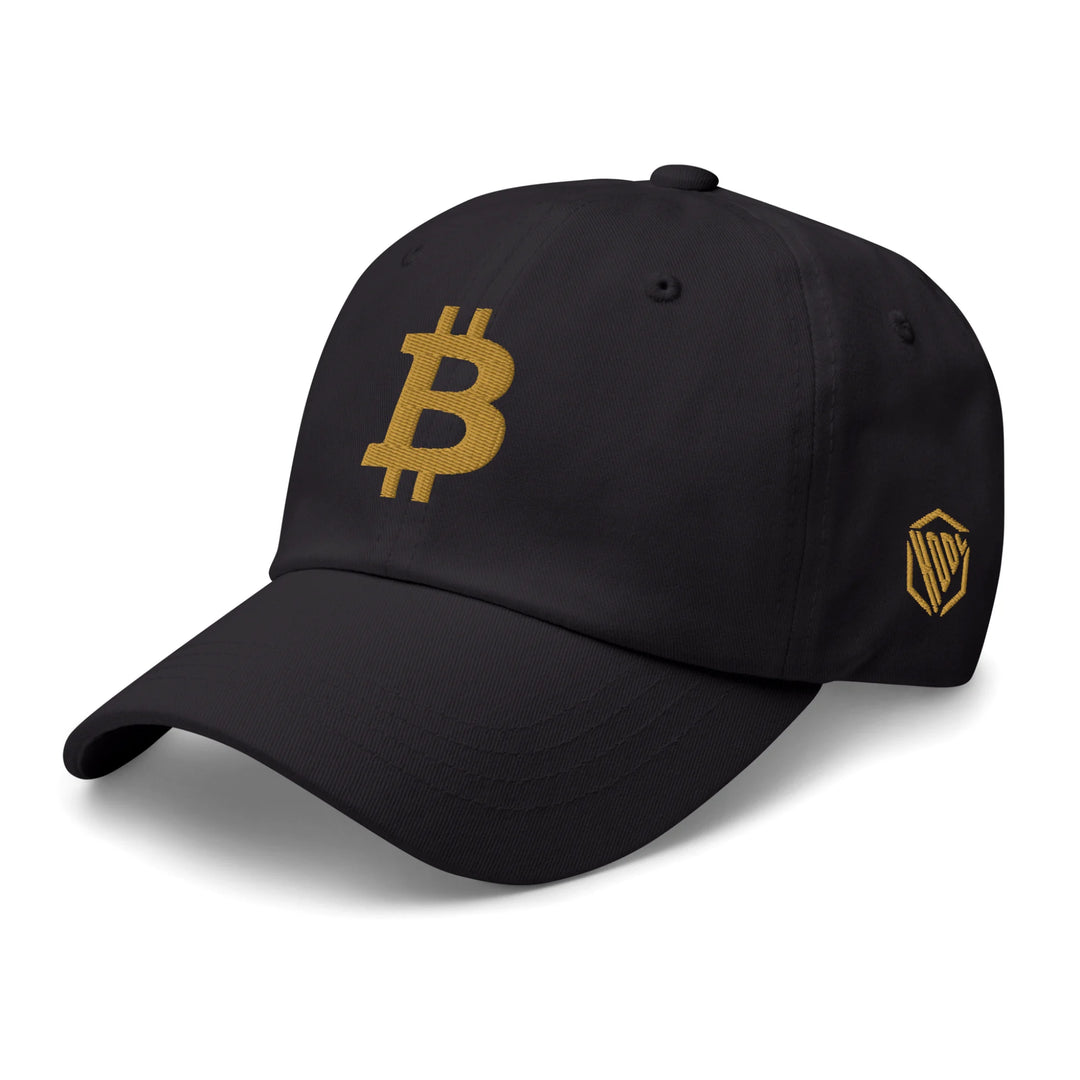 Bitcoin Cap Dad Hat in Dark Grey with 3D Gold embroidery – angled view