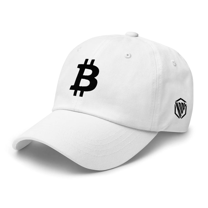 Bitcoin Cap Dad Hat in White with 3D Black embroidery – angled view