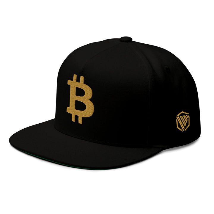 Bitcoin Cap Flat Bill in Black with 3D Gold embroidery – angled view