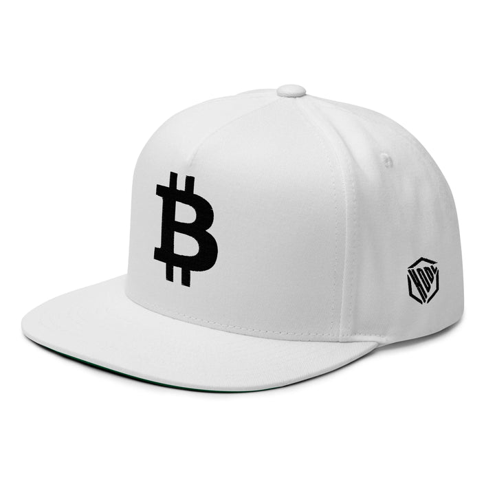 Bitcoin Cap Flat Bill in White with 3D Black embroidery – angled view