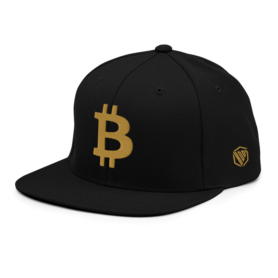 Bitcoin Cap Snapback in Black with 3D Gold embroidery – angled view