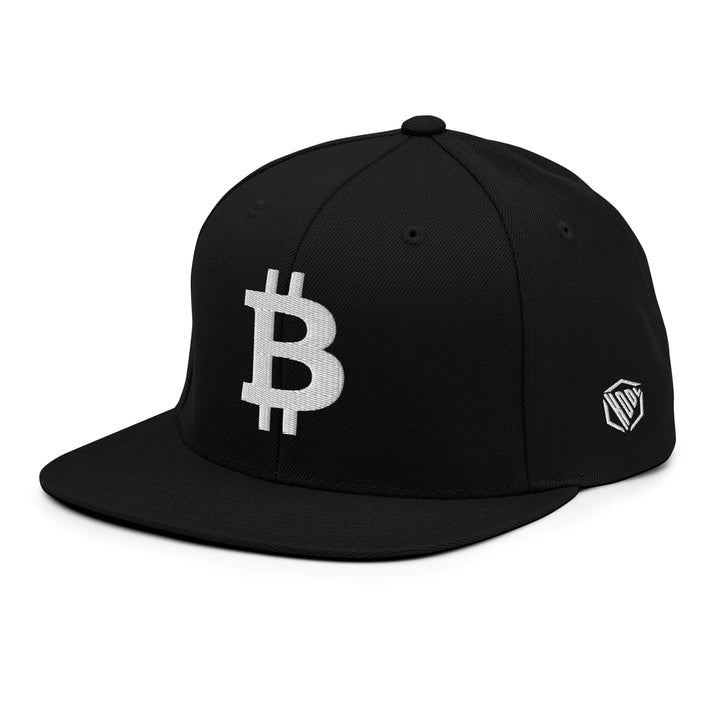 Bitcoin Cap Snapback in Black with 3D White embroidery – angled view