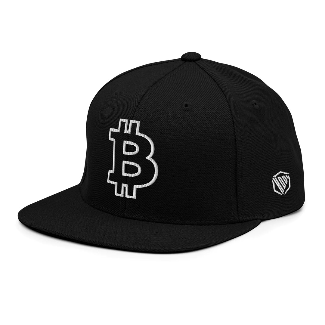 Bitcoin Cap Snapback in Black with White outline embroidery – angled view