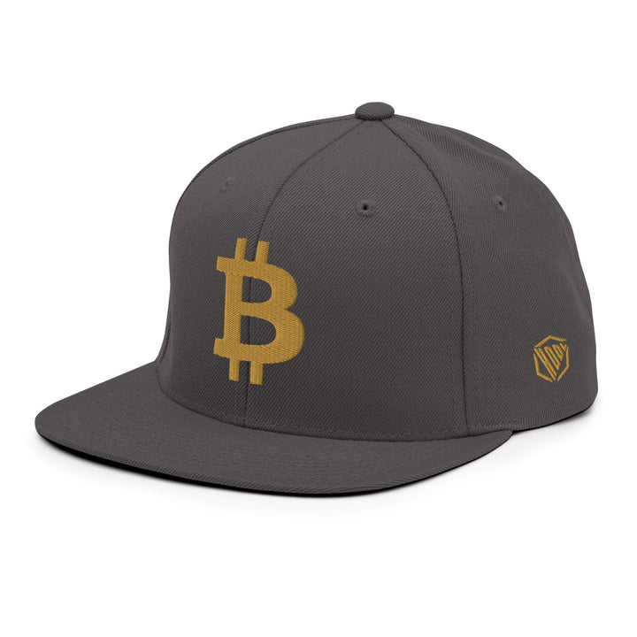 Bitcoin Cap Snapback in Dark Grey with 3D Gold embroidery – angled view