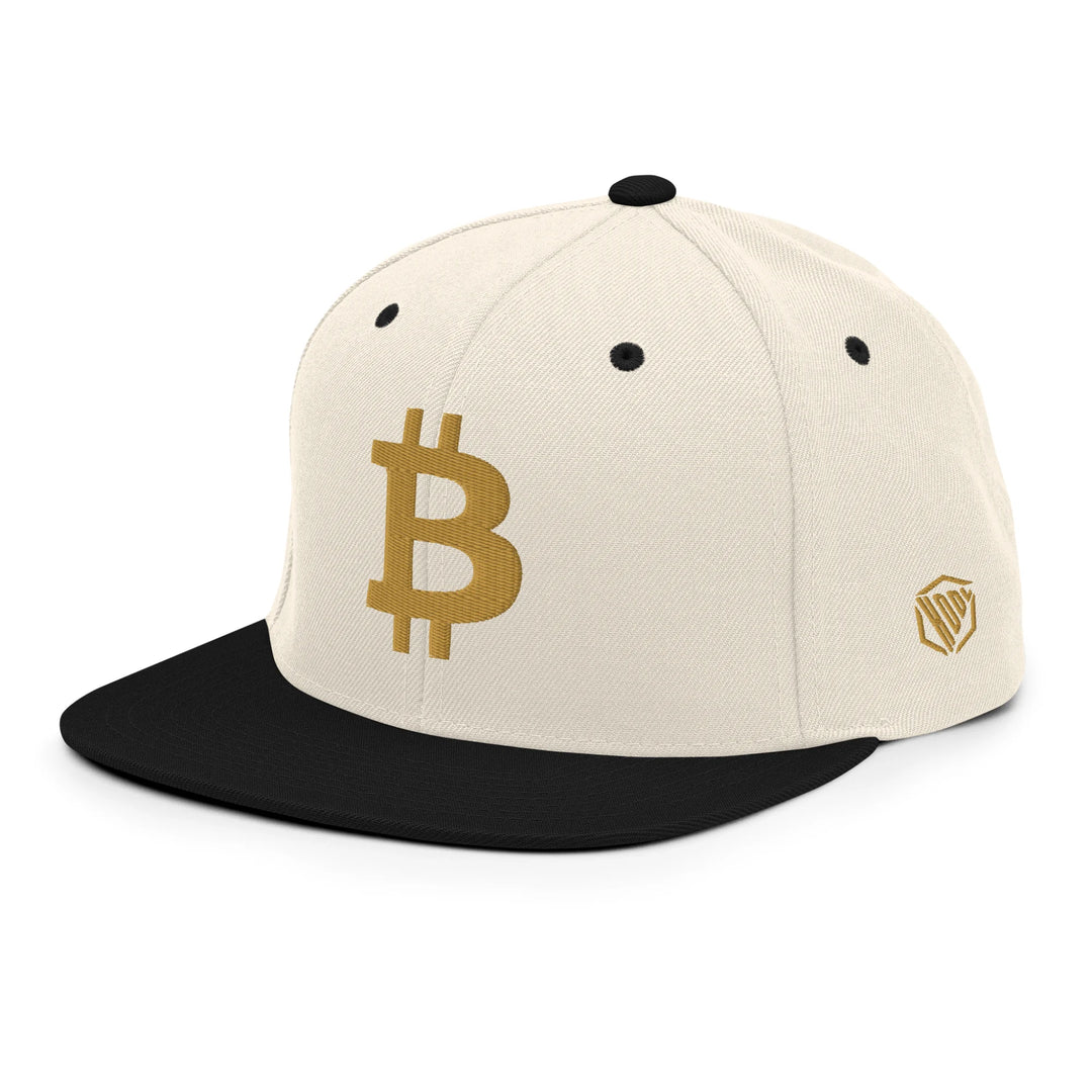 Bitcoin Cap Snapback in Natural and Black with 3D Gold embroidery – angled view
