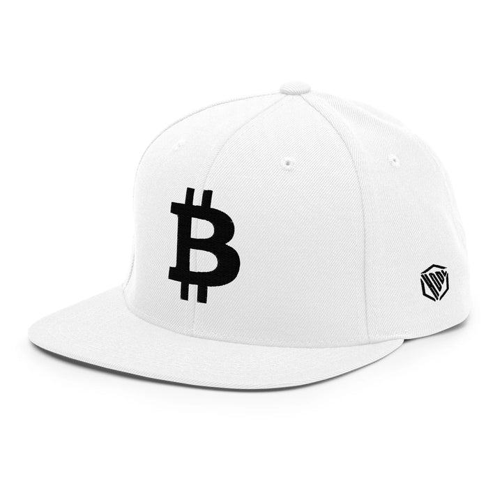 Bitcoin Cap Snapback in White with 3D Black embroidery – angled view