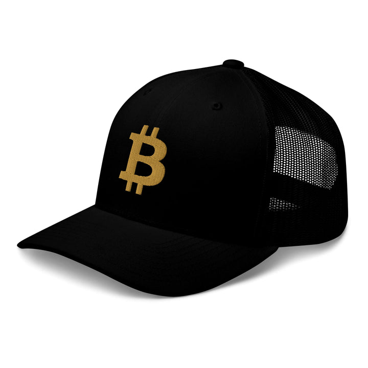 Bitcoin Cap Trucker in Black with 3D Gold embroidery – angled view