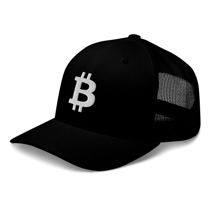 Bitcoin Cap Trucker in Black with 3D White embroidery – angled view