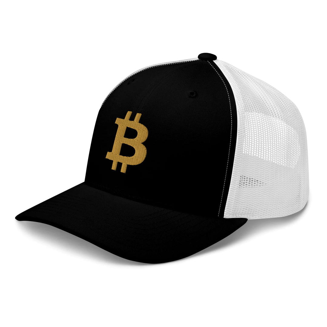 Bitcoin Cap Trucker in Black and White with 3D Gold embroidery – angled view