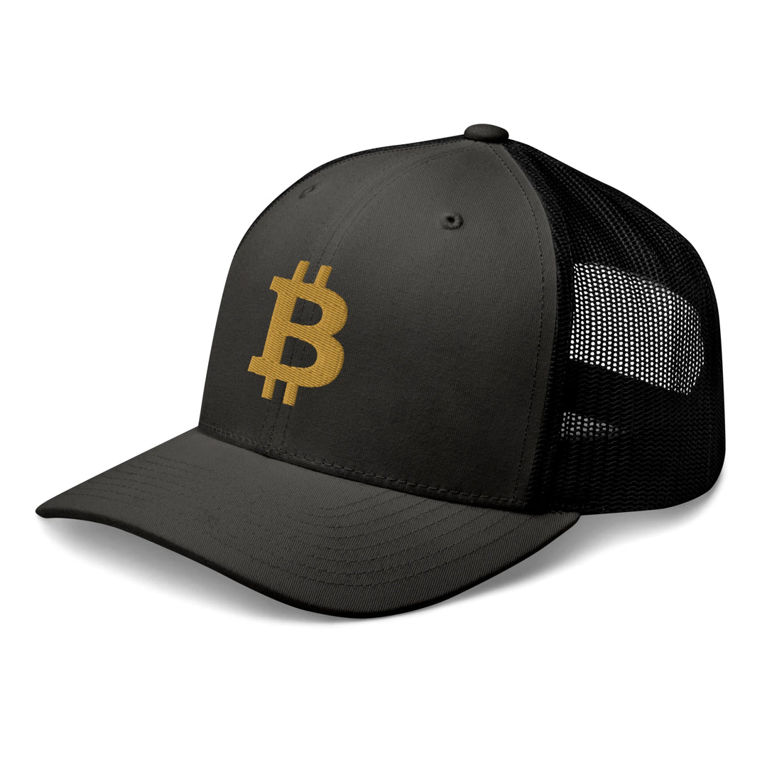 Bitcoin Cap Trucker in Dark Grey with 3D Gold embroidery – angled view