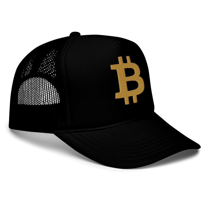 Bitcoin Cap Foam Trucker in Black with 3D Gold embroidery – angled view