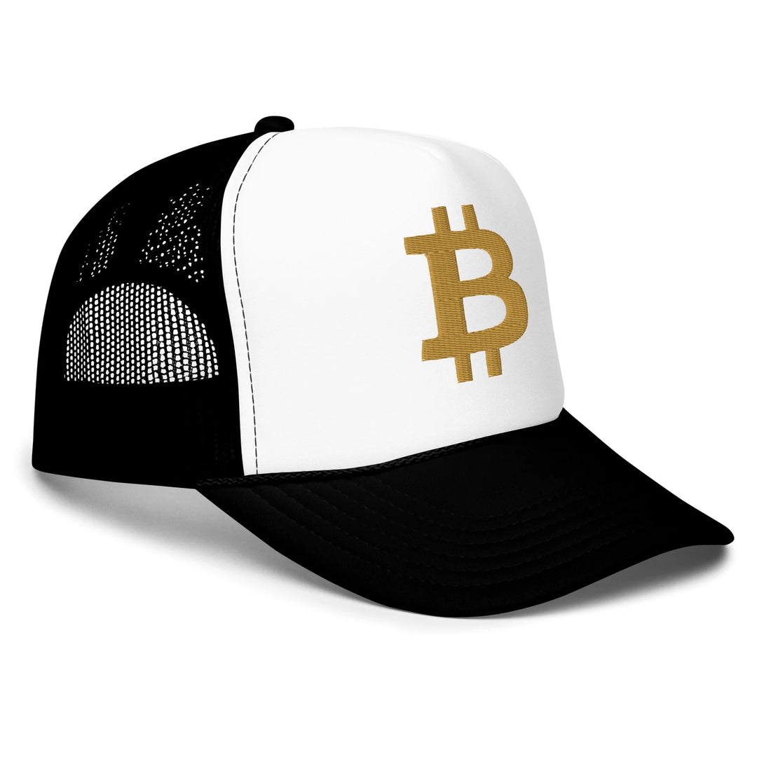 Bitcoin Cap Foam Trucker in Black and White with 3D Gold embroidery – angled view