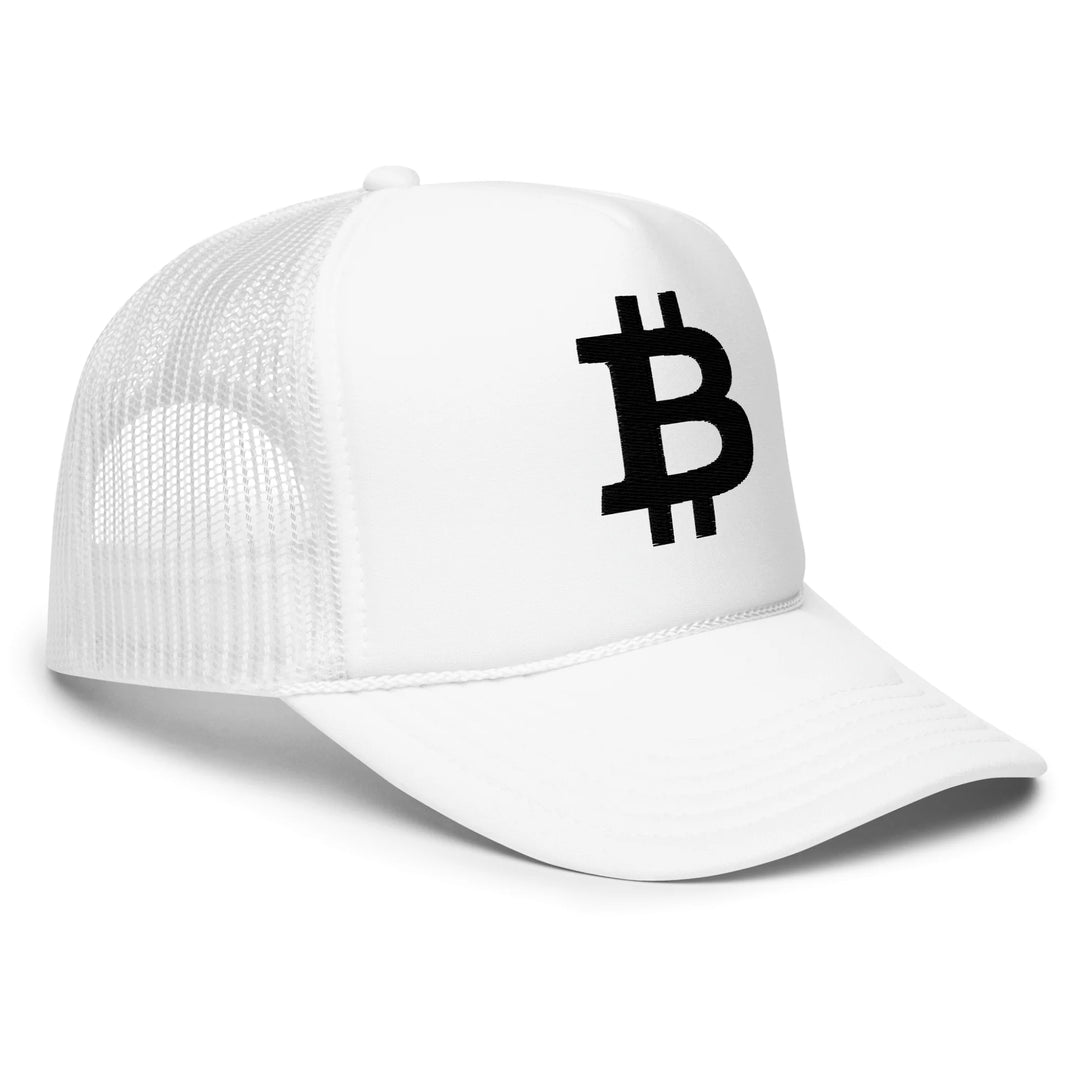 Bitcoin Cap Foam Trucker in White with 3D Black embroidery – angled view