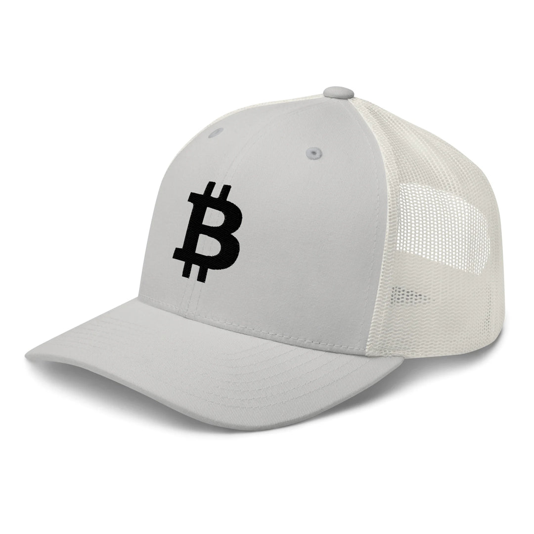 Bitcoin Cap Trucker in Silver with 3D Black embroidery – angled view