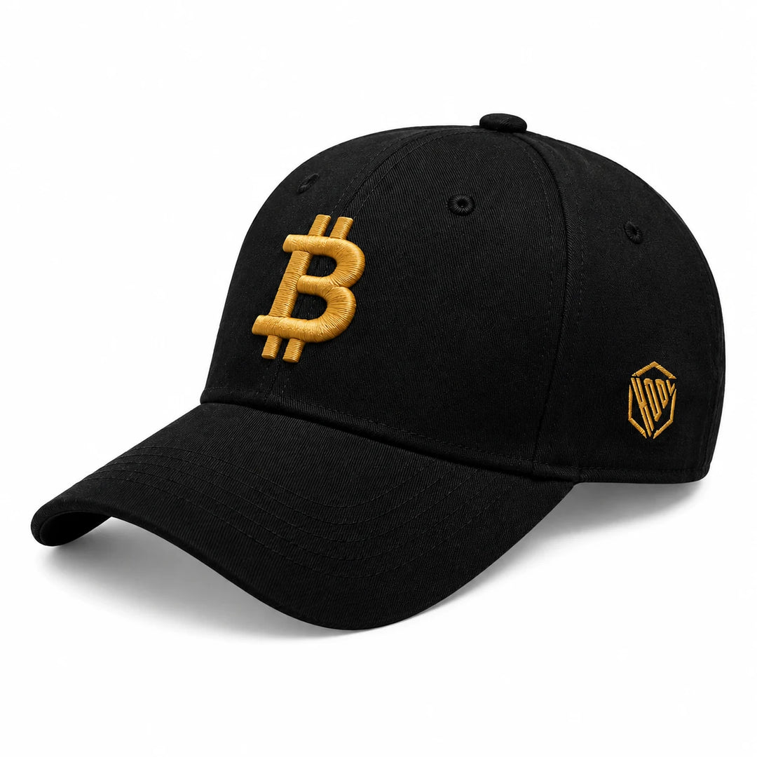 Black HODL® Bitcoin cap with gold 3D puff embroidery on white ecommerce background