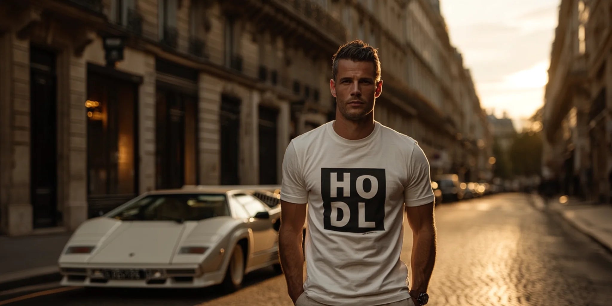 man wearing white HODL t-shirt on city street with white sports car at sunset