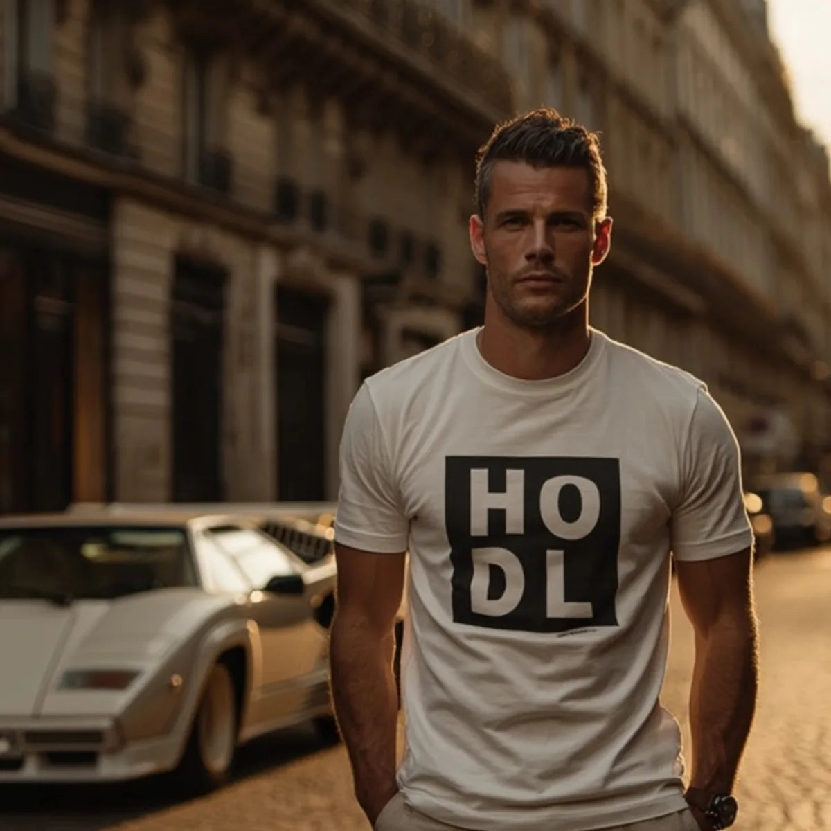 man wearing white HODL t-shirt in urban streetwear scene with white sports car