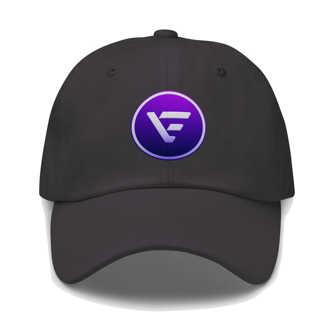 dark gray velix dad hat with velix logo crypto streetwear cap front view