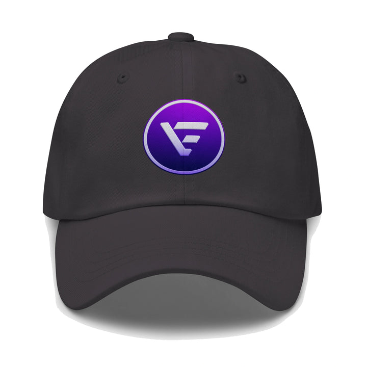 dark gray velix dad hat with velix logo crypto streetwear cap front view